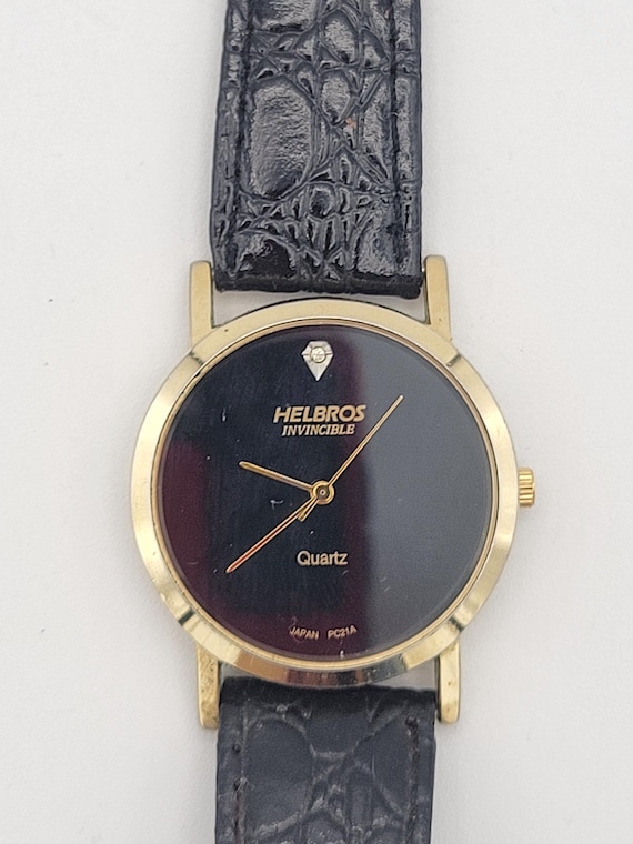 Vintage Gold Tone Helbros Invincible Minimal Unisex Watch with Genuine Leather Croc Band Costume Jewelry Retro Statement Timepiece Quartz