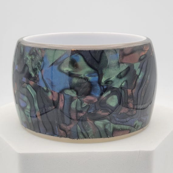 Vintage Oversize Plastic Jewel Tone Swirl Convex Bangle Bracelet Costume Jewelry Women Statement Retro 1 7/8" Wide Chunky Cuff Thick