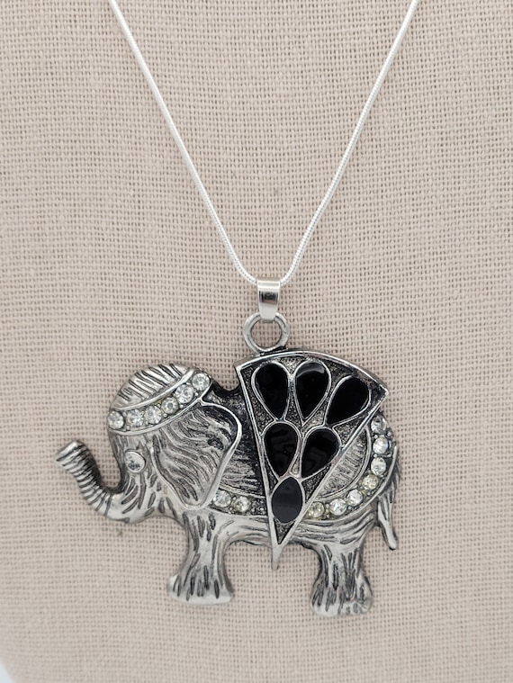 Vintage Silver Tone Elephant Pendant Necklace with Rhinestones & Black Enamel Costume Jewelry Statement Retro Snake Chain Good Luck Trunk