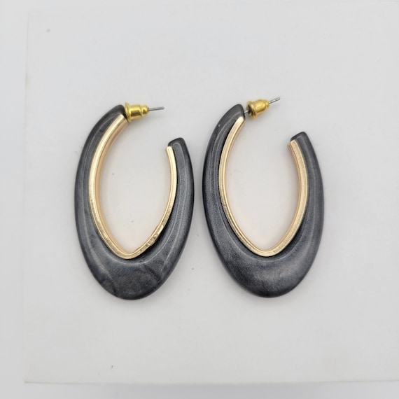 Vintage Gold Tone & Shimmering Gray Plastic Elongated Hoop Earrings Costume Jewelry Retro Women Statement 2" Long Oval Oversize Big Chunky