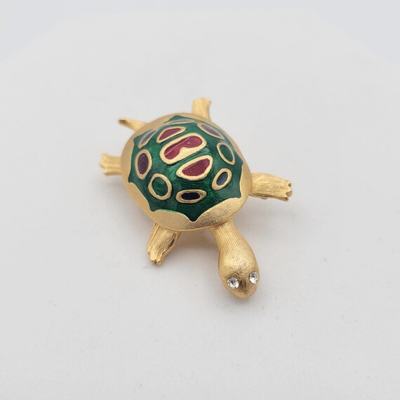 Vintage Matte Gold Tone Domed Turtle Brooch with Rhinestone Eyes & Enamel on Shell Costume Jewelry Retro Women Statement Accent Pin Brushed