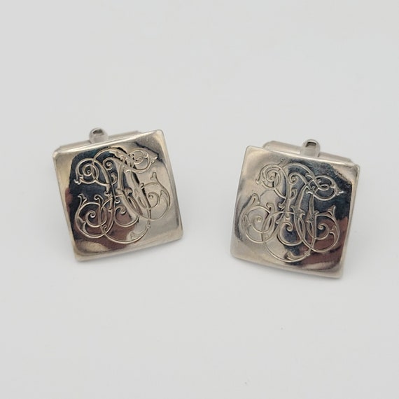 Vintage 1960s Silver Tone Convex Square Men's Cuff Links with Swirled Filigree Design Costume Suit Men's Accessories Retro Chrome Rounded
