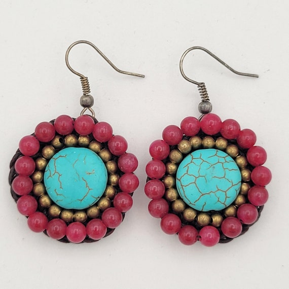 Vintage Bohemian Faux Turquoise Beaded Dangle Ear… - image 2