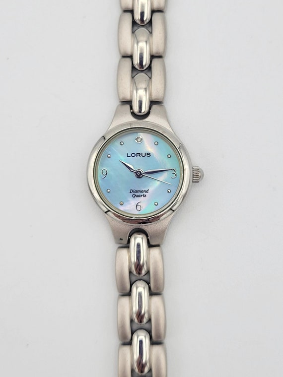 Lorus Diamond Quartz Silver Tone & Blue MOP Ladies Watch F3033091 Costume Jewelry Retro Women Accessories Statement Timepiece Brushed Chrome