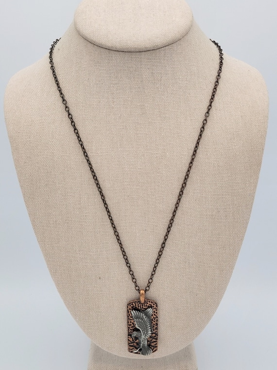 Vintage Copper & Pewter Rectangular Eagle Pendant with Cable Chain Necklace Costume Jewelry Retro Statement Unisex 3D Textured Hammered