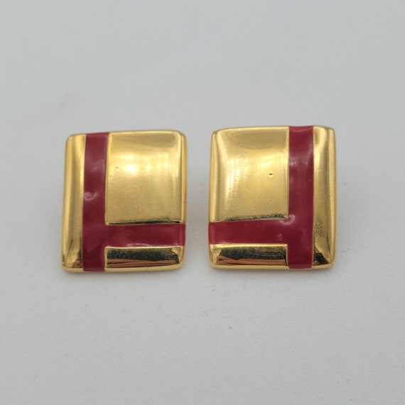 Vintage Gold Tone Rectangular Geometric Stud Earrings with Red Enamel Linear Accents Costume Jewelry Statement Retro Accessories Women 1"