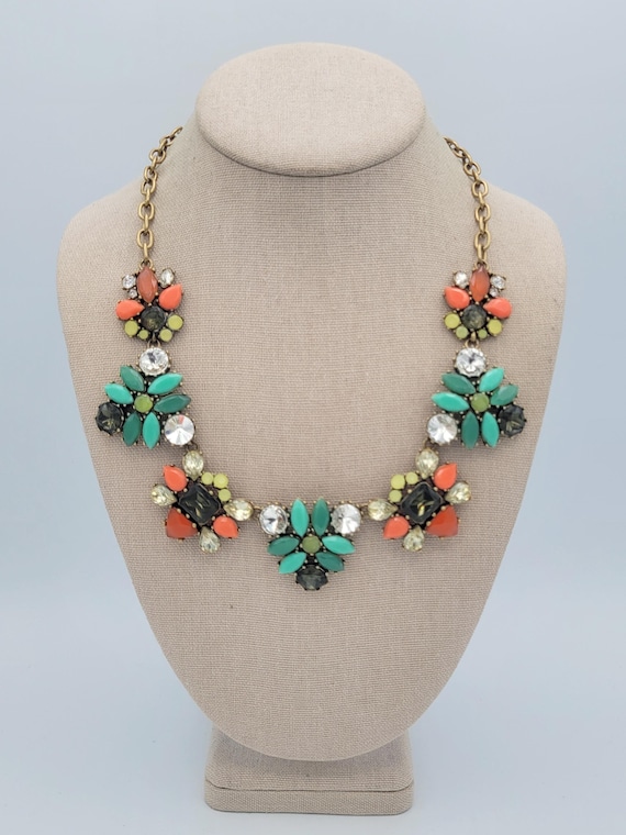 Vintage Stella & Dot Elodie Bib Necklace Gold Tone Rhinestones and Colorful Stones Costume Jewelry Retro Statement Adjustable Green Orange