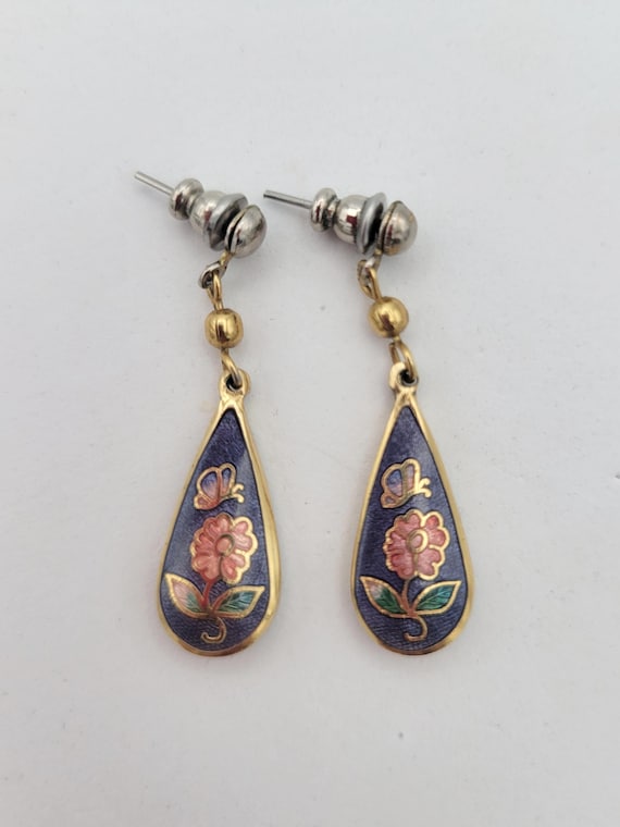Vintage Gold Tone Cloisonne Enamel Double Sided Floral Teardrop Dangle Earrings Costume Jewelry Retro Women Statement Accessories Butterfly