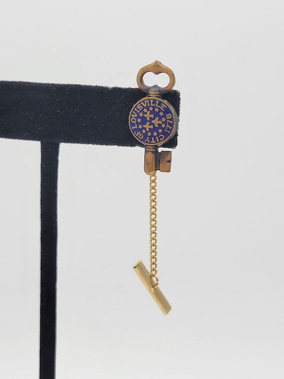 Vintage Copper City of Louisville Key Shaped Tie Tack Costume Jewelry Suit Men's Accessories Government 1778 Seal Fleur de Lis Blue Circle