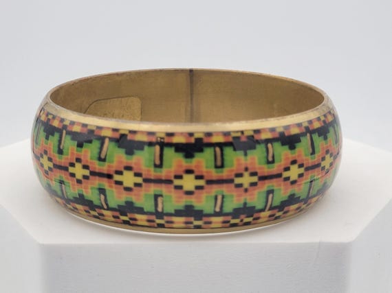 Vintage Brass Convex Bangle Bracelet with Southwestern Printed Design Costume Jewelry Women Statement Retro 1" Wide Chunky Cuff Thick