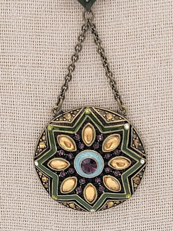 Vintage Avon Heirloom Medallion Antique Gold Tone & Rhinestone Lariat Chain Necklace Costume Jewelry Retro Statement Cabochons Green Enamel