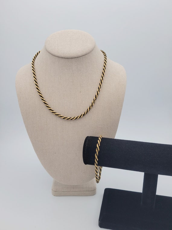 Vintage Trifari Gold Tone Rope Chain & Black Silk Cord Twisted Jewelry Set with Necklace and Bracelet Costume Jewelry Retro Statement Women