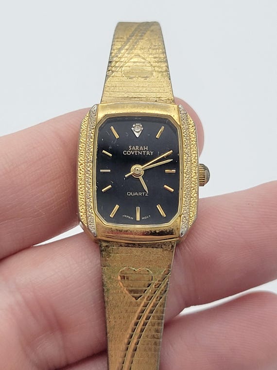 Vintage Sarah Coventry Plus Women's Gold Tone Watch with Bracelet Band Costume Jewelry Retro Ladies Accessories Statement 19mm Diamond Heart
