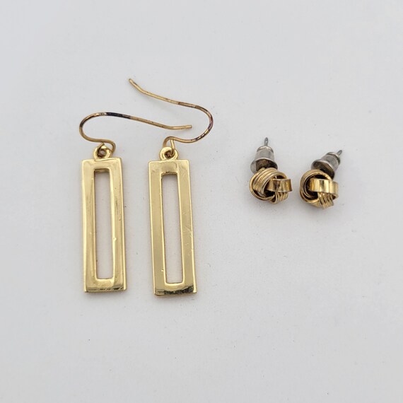Two Pairs of Vintage Gold Tone Earrings Costume Jewelry Statement Accessories Women Textured Knot Studs & Openwork Rectangle Dangles Chrome