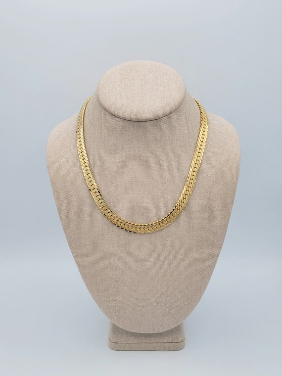 Vintage 18.5" Gold Tone Herringbone Chain Necklace Costume Jewelry Retro Statement Classic 3/8" Wide Chrome Textured Lobster Claw 18 1/2