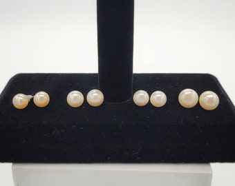 Vintage .925 plata de ley y perlas de agua dulce Stud Pendientes Bisutería Retro Simple Mínimo Redondo Blanco y Marfil 8 - 10 mm Genuino