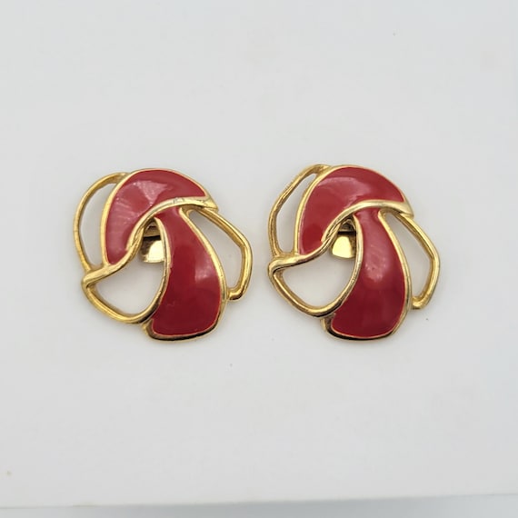 Vintage 1980s Gold Tone & Red Enamel Openwork Floral Shoe Clips Costume Jewelry Retro Women Statement Flower Petals Stylized Accents