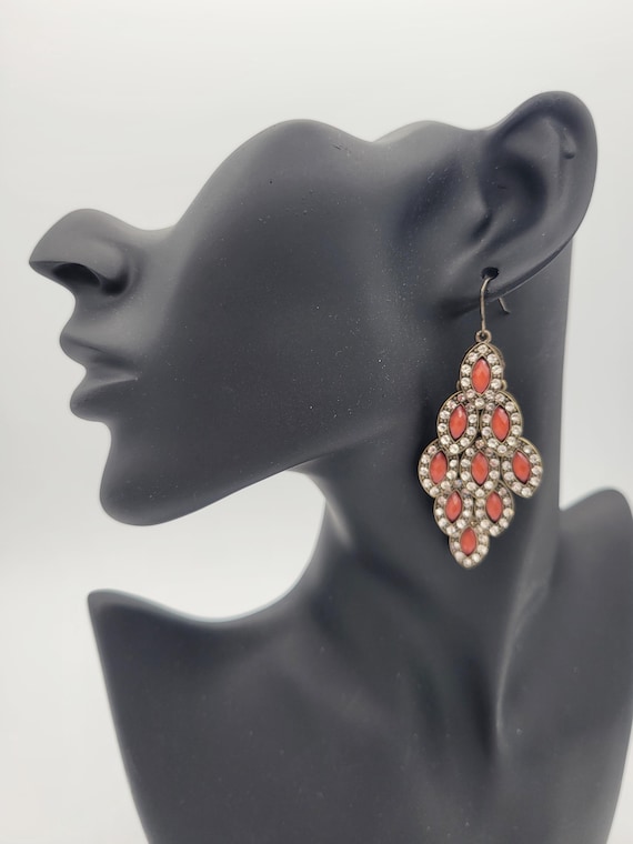Vintage Antique Gold Tone Chandelier Earrings with Orange Marquise Rhinestones Costume Jewelry Retro Statement Women Stacked Layered