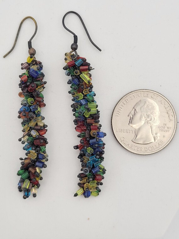 Vintage Long Rainbow Beaded Cluster Dangle Earrin… - image 3