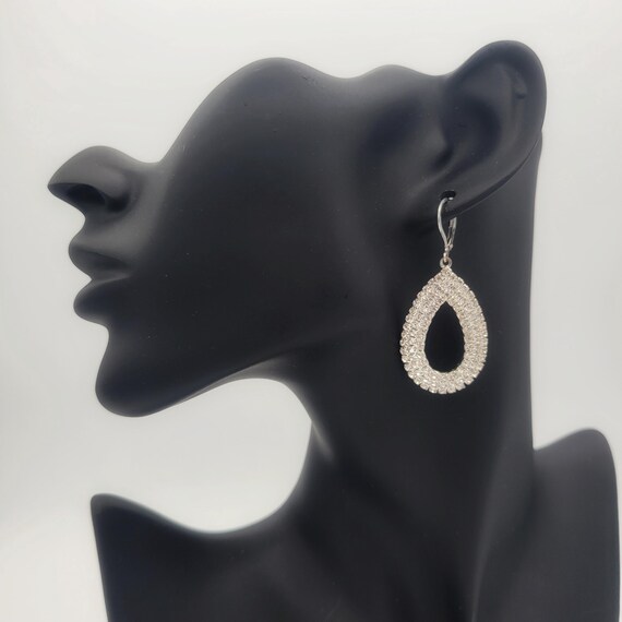 Vintage Silver Tone Openwork Rhinestone Encrusted Teardrop Dangle Earrings with Lever Back Posts Costume Jewelry Retro Women Statement