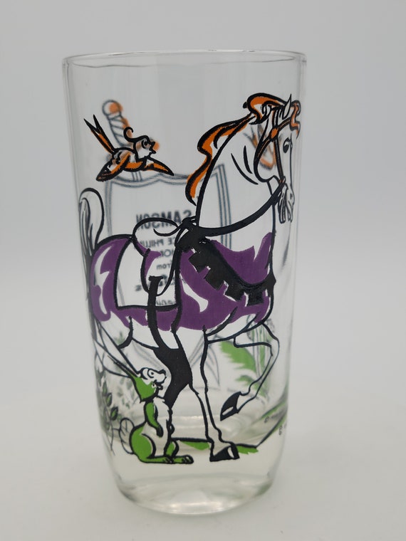 Vintage 1958 Walt Disney Productions Drinking Glass Samson Sleeping Beauty Prince Phillip's Horse Tumbler Retro Black Purple Orange Green