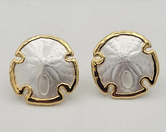 Pendientes vintage pequeños de cerámica con forma de dólar de arena y contorno en tono dorado, bisutería retro para mujer, estilo tropical blanco para vacaciones en la playa