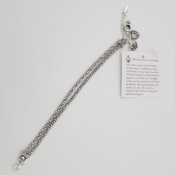 New with Tag Premier Designs Two Strand Silver Tone Charm Bracelet Costume Jewelry Retro Statement Women Crown Heart Cross Black Enamel