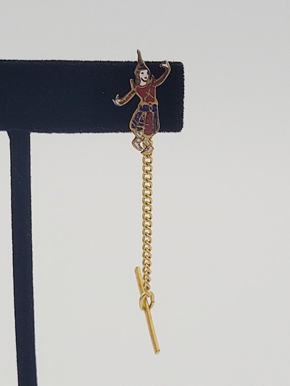 Vintage Gold Tone Cloisonne Asian Figure Tie Tack & Chain Costume Suit Men's Accessories Retro Person Dancer Dancing Angel Thai