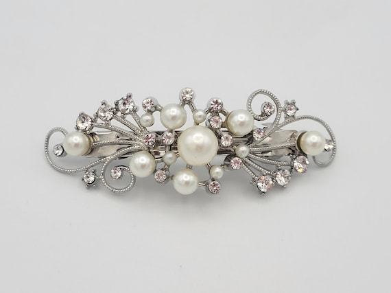 Vintage Silver Tone Swirled Wire, Rhinestone & Faux Pearl Bar Shaped Barrette with Double Push Button Clasp Costume Jewelry Statement Women