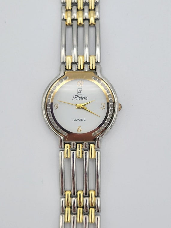 Vintage Riviera Two Tone Ladies Bracelet Watch with Rhinestones & Openwork Band Costume Jewelry Accessories Statement Timepiece Women