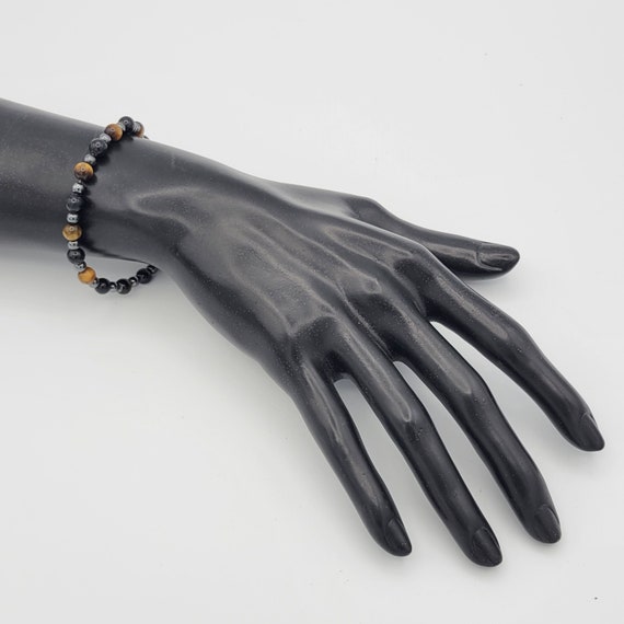 Vintage Single Strand Tiger's Eye, Obsidian & Hematite Beaded Beaded Bracelet with Sterling Silver Clasp Costume Jewelry Statement Retro 8"
