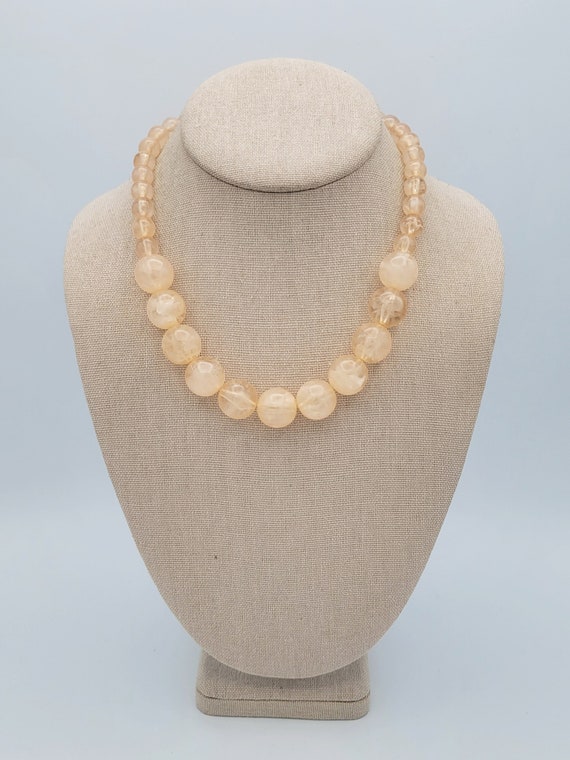 Vintage CR Faux Rose Quartz Plastic Beaded Necklace Costume Jewelry Retro Statement Women Adjustable Chrome Gradient Marbled Translucent