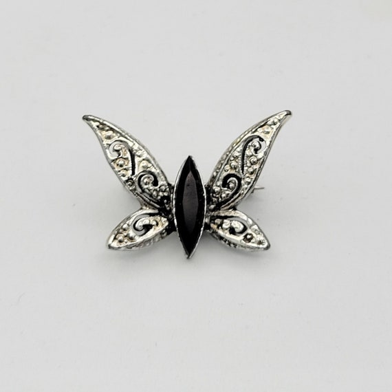 Vintage Small Art Nouveau Style Butterfly Brooch with Marquise Rhinestone Costume Jewelry Retro Statement Women Pin Scroll Swirl Openwork