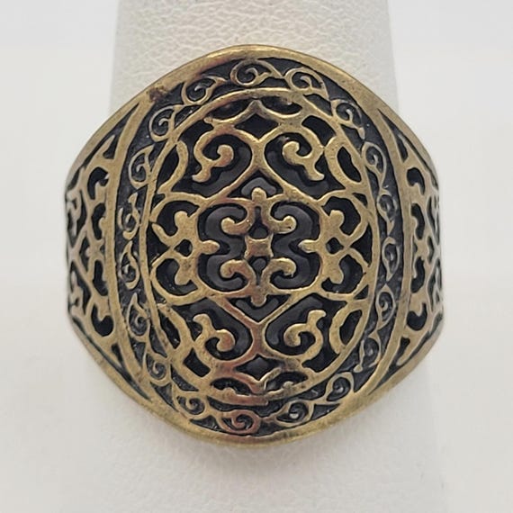 Vintage Premier Designs Jasmine Ring Oversize Antique Gold Tone Openwork Filigree Cocktail Statement Right Hand Costume Jewelry Chunky