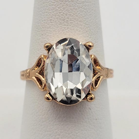 Vintage Openwork Gold Tone & Large Oval Faceted Cubic Zirconia Stone Statement Cocktail Ring Right Hand Costume Jewelry US 8 1/2 Crystal