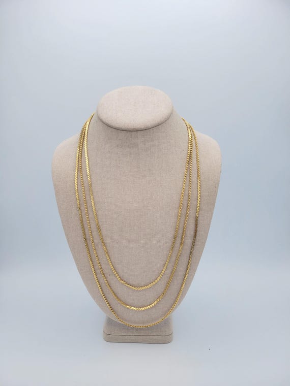 Vintage 23" Gold Tone Triple Strand Herringbone Chain Necklace Costume Jewelry Retro Statement Classic Chrome Textured Snap Lock Clasp 3