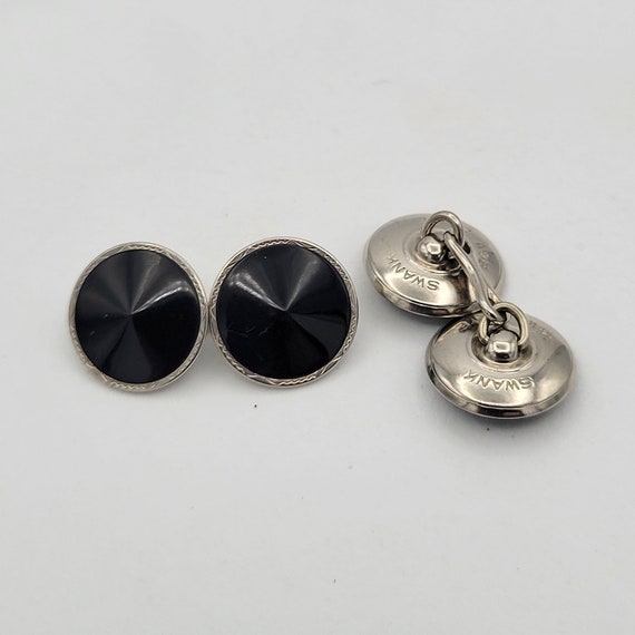 Vintage Swank B & W Plate Silver Tone and Black Cabochon Ladies Cuff Links Costume Jewelry Retro Round Circle Statement Women Geometric