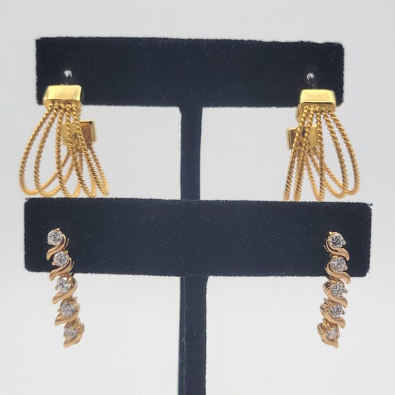 2 Pair of Vintage Gold Tone Earrings 5 Strand Hoops Rhinestone Dangles Costume Jewelry Retro Women Statement Link Textured Elegant
