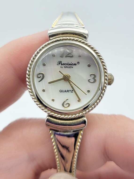 Vintage Precision by Gruen Round Two Tone Ladies Cuff Watch with Mother of Pearl Face GP451L  Costume Jewelry Statement Timepiece Wristwatch