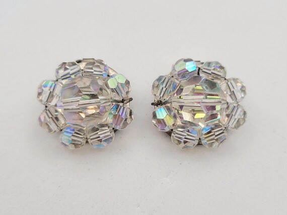 Vintage 1960s Silver Tone & Clear Beaded Floral Clip On Earrings Women Accessories Statement Costume Jewelry Round Circle Beads Sparkle