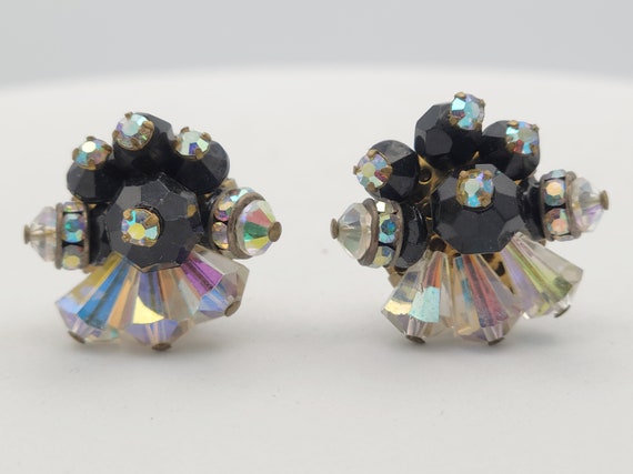 Vintage 1960s Black & Iridescent Beaded Stud Clip On Earrings with Rhinestones Costume Jewelry Statement Retro Accessories Women 7/8" Clear