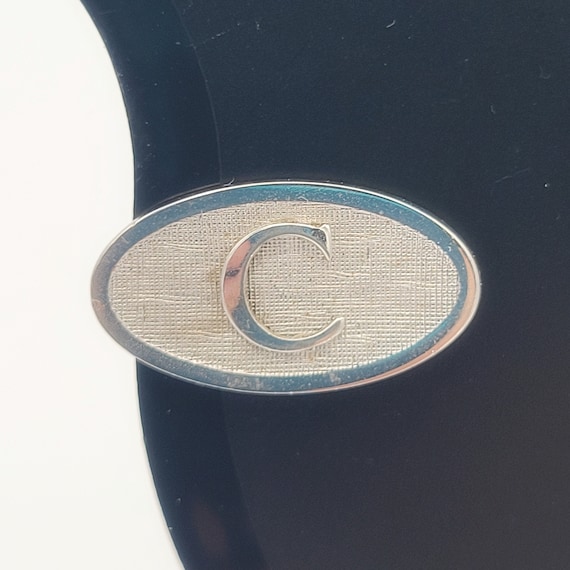 Vintage Silver Tone Oval Tie Clip with Letter "C" Initial Costume Suit  Men's Accessories Retro Monogram Capital Small 1" Textured Chrome