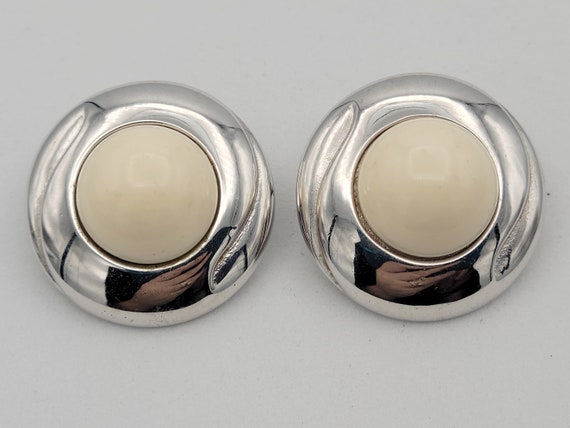 Vintage Monet Silver Tone Round Button Stud Earrings with White Cabochons Costume Jewelry Statement Retro Accessories 1 1/8" Dome Chrome
