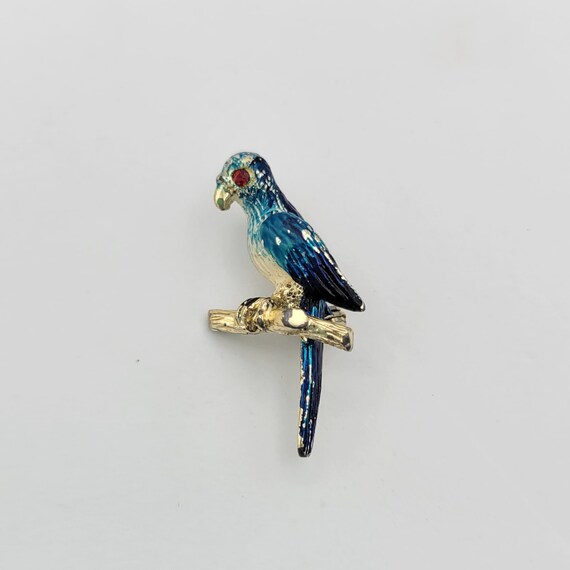 Vintage 1960s Silver Tone Small Parrot Brooch with Enamel & Red Rhinestone Eye Costume Jewelry Retro Statement Women Pin Blue White Branch