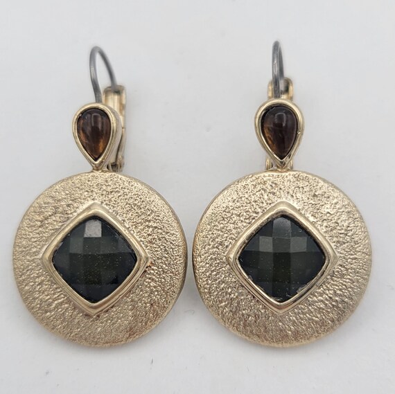 Vintage Gold Tone Textured Medallion Drop Earrings with Dark Green & Brown Cabochons Costume Jewelry Retro Women Statement Faceted Stone