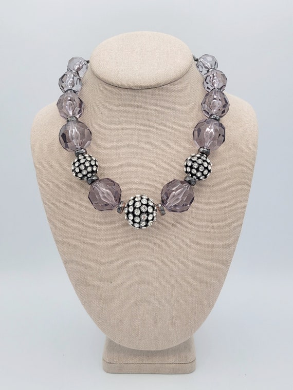 Vintage Oversize Faceted Gray Beaded & Black Gunmetal Choker Necklace with Large Rhinestone Encrusted Spheres Costume Jewelry Statement