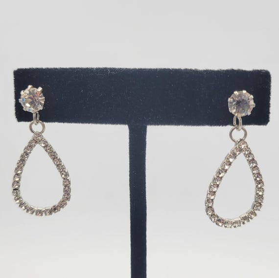 Vintage Silver Tone Rhinestone Encrusted OpenworkTeardrop Dangle Earrings Costume Jewelry Retro Women Statement Geometric Pear Elegant
