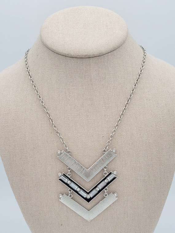 Vintage NY Brand Silver-Tone Long Chain Necklace with Triple Chevron Pendant & Rhinestone Accents Costume Jewelry Retro Statement Women 3