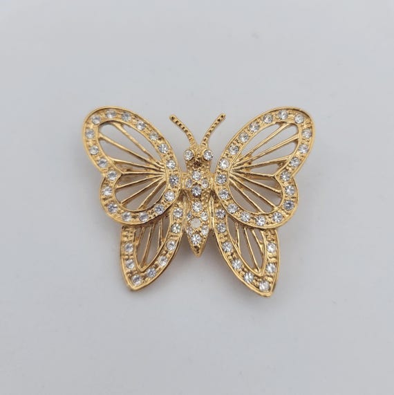 Vintage Roman Openwork Gold Tone & Rhinestone Butterfly Brooch Costume Jewelry Retro Women Statement Pin Insect Wire Wings Shining