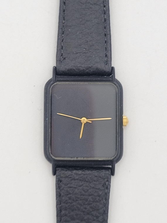 Vintage Black & Gold Tone Minimal Rectangular Unisex Watch with Genuine Leather Band Costume Jewelry Retro Statement Timepiece Quartz Japan